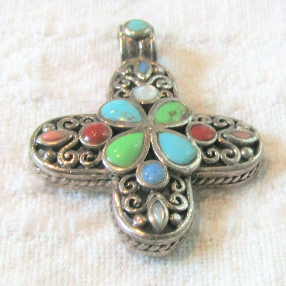 Sterling 925 Silver Cross Pendant 13 Stones CFJ